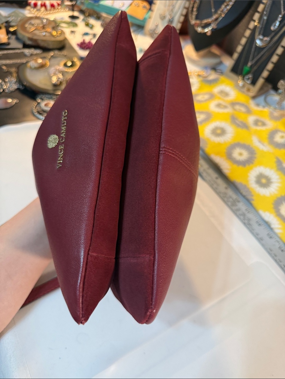 Vince Camuto Burgundy Leather Crossbody with Gold Logo 7” x 10” strap 22” appx - Picture 8 of 13